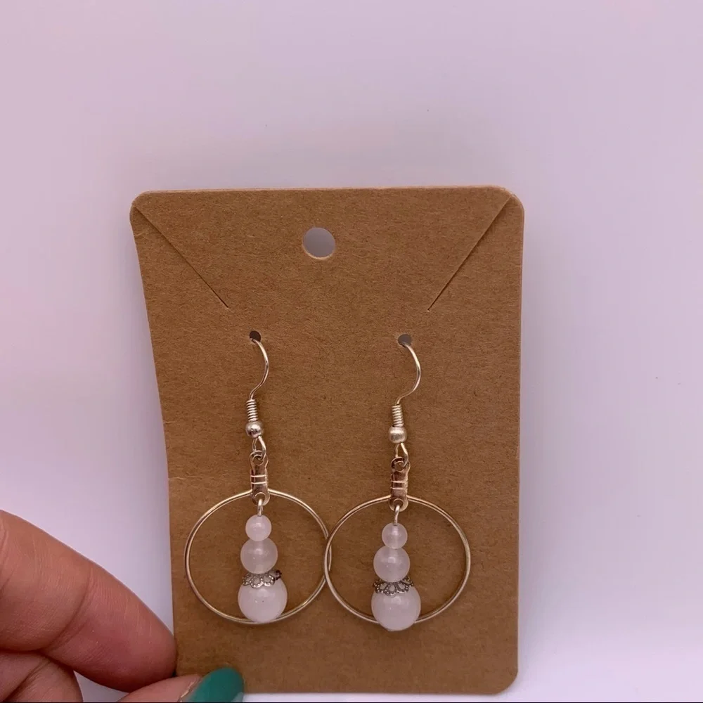 Genuine Milky Quartz Graduated 3 Beaded Dangle Silver Tone Hoop Earrings Pierced